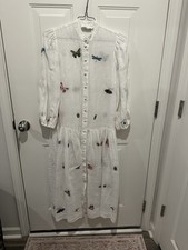 ZIMMERMANN Insect Butterfly Embroidered White Linen Midi Shirt Dress Size 0 XS