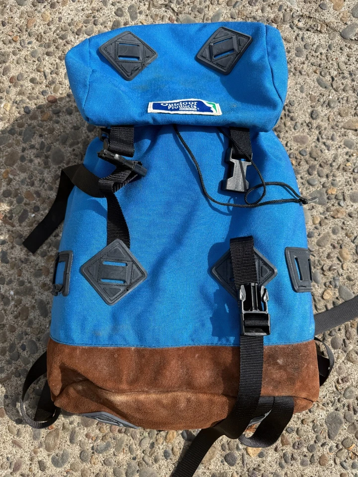 Mochila vintage PRODUCTOS AL AIRE LIBRE PARTE INFERIOR DE CUERO AÑOS 70 80 AZUL Mochila Bolsa para libros Foto 2 de 4