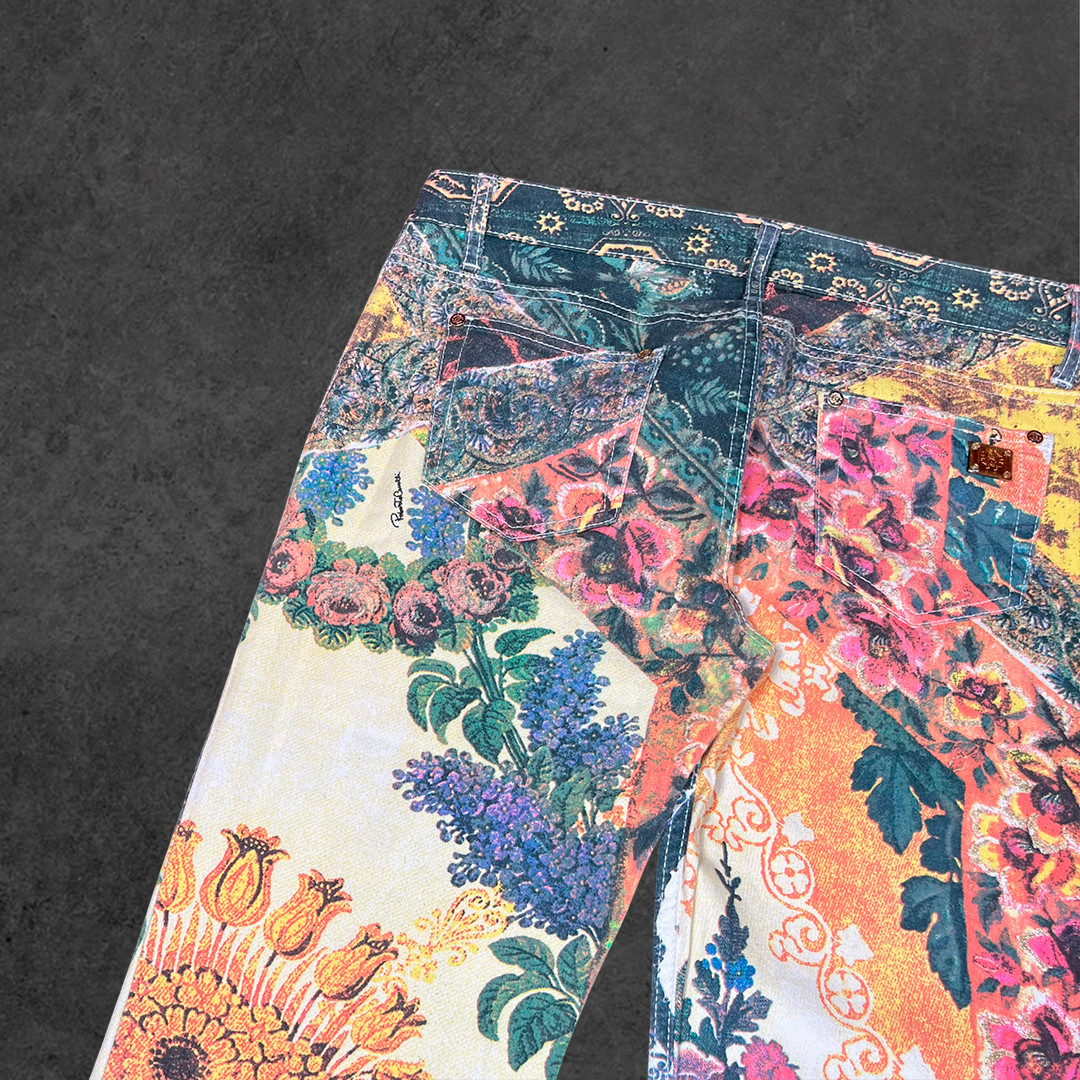 Roberto Cavalli 2003 Printed Denim Jacket Jeans Set Multicolor Floral Patchwork image 10