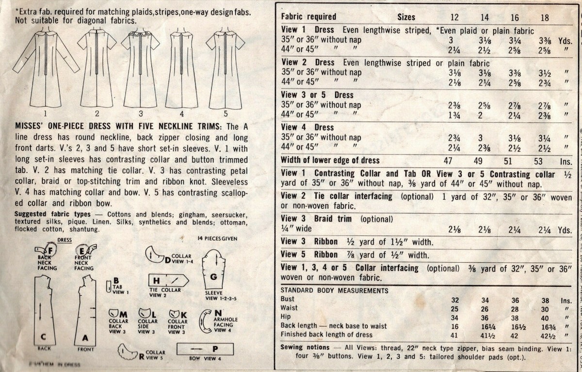 Patron De Couture Vintage Simplicity 1965 - Robe Motif B34 (réf. 5924), Gabarit Complet Non Découpé