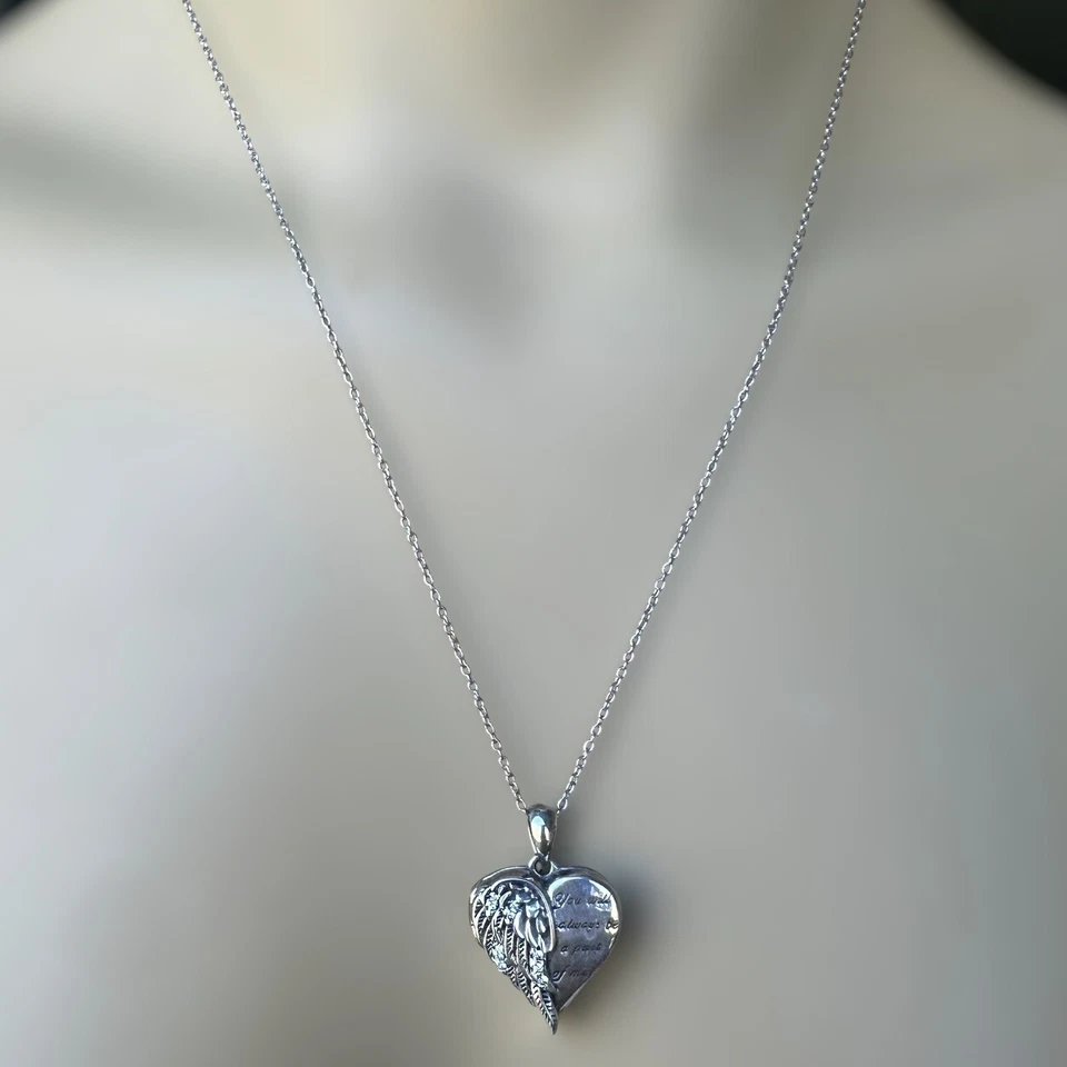 Сердце фото медальон 18» ожерелье CZ акценты крылья ангела 925 пробы 7,0 г - Изображение 2 из 4