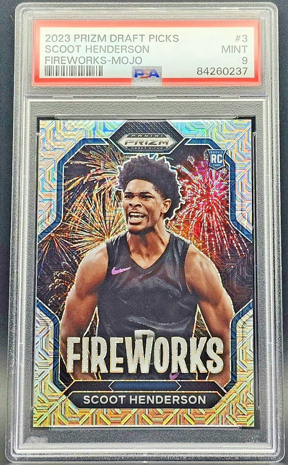 SCOOT HENDERSON SSP /25 MOJO FIREWORKS 2023 PANINI PRIZM DRAFT PICKS #3 PSA 9