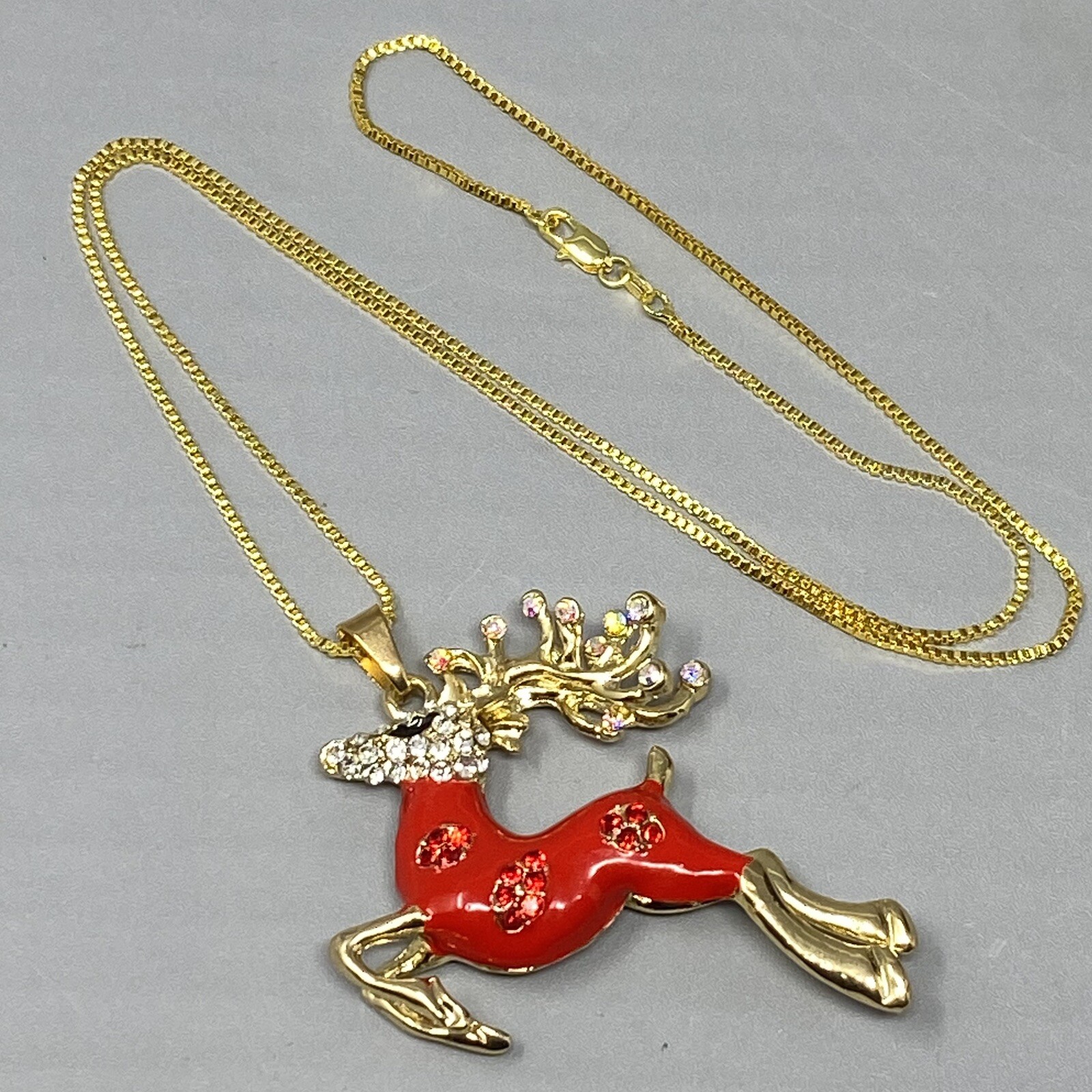 Flying Reindeer Christmas Necklace with Red Enamel and Rhinestones 24
