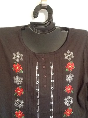 NWT 2X Plus Shenanigan Holiday Christmas Women Shirt BLACK Snowflake Poinsettia 