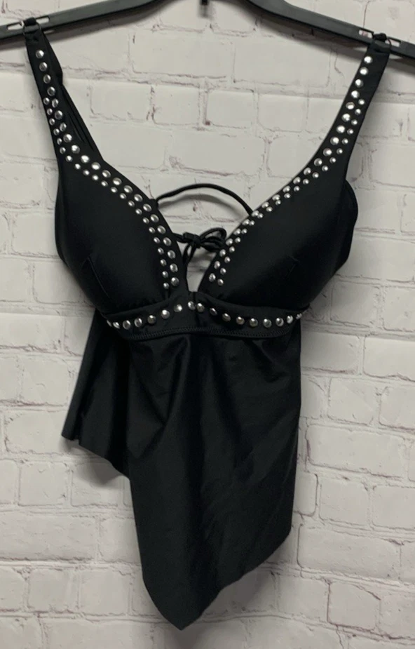 Camiseta Tankini Bar III Small Tell Me About It Stud Negra/Plateada Nueva Foto 2 de 3