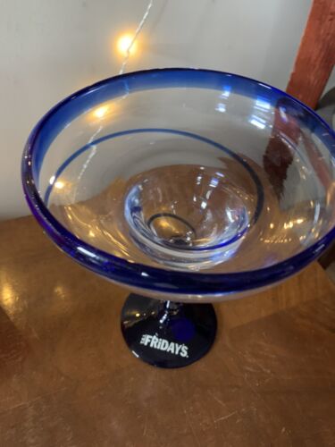 TGIF FRIDAY'S HAND BLOWN SWIRL MARGARITA GLASS - 1 BLUE 8” Tall 5” Wide Rim - Picture 2 of 3