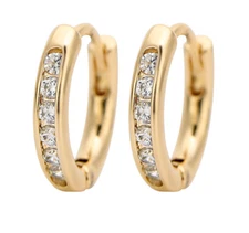 14K Yellow Gold Plated Brass CZ Cubic Huggie Hoop 14mm Small Earrings Men Women