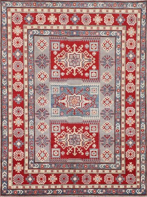 Geometric Traditional Gray Wool Oriental Handmade Super Kazak Area