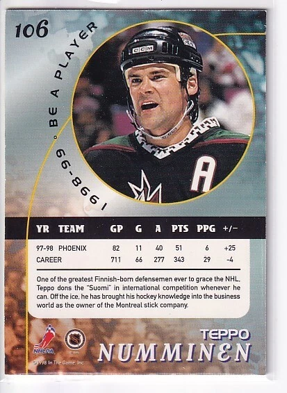 1998-99 In the Game Be a Player #106 Teppo Numminen Phoenix Coyotes - Image 2 of 2