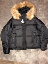 Ladies Uk14 Golddigga Crop Bomber Jacket Black Coat Faux Fur Hood. Full Zip.