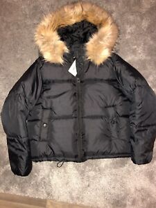 Golddigga Crop Bomber Jacket Ladies Black Coat Faux Fur Hood Full Zip Uk 14 Ebay