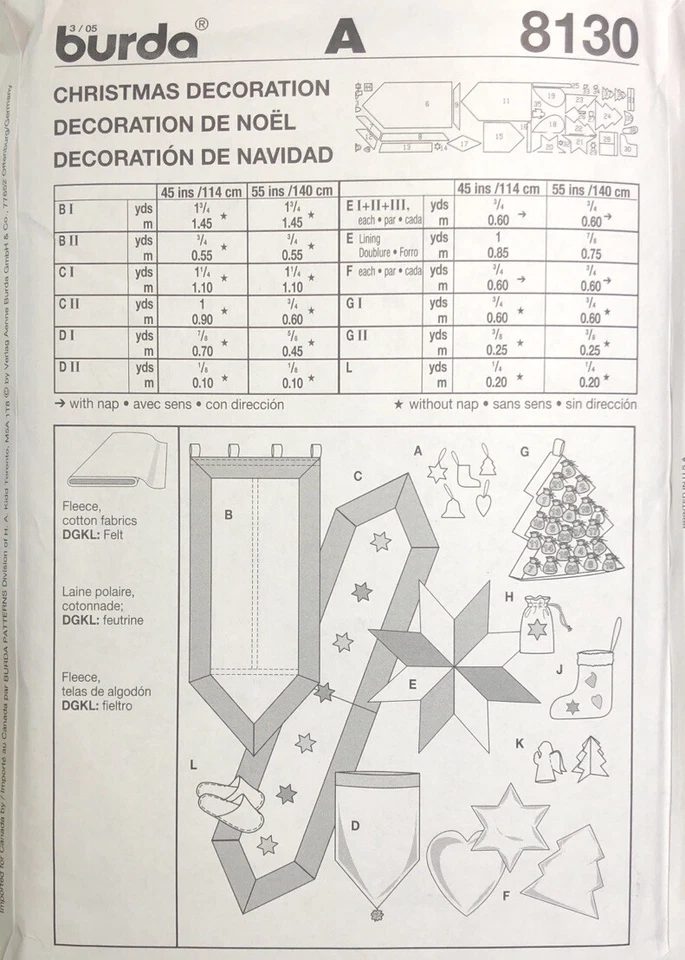 Burda Creativ 8130 Christmas Decoration Sewing Pattern Using Fleece Easy Uncut - Image 2 of 3