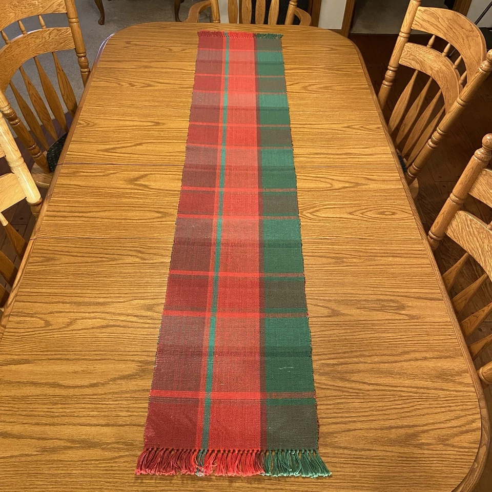 Pfaltzgraff Table Runner - Heavy Woven Cotton Plaid w/fringe 69" x 13" Vintage - Image 2 of 4