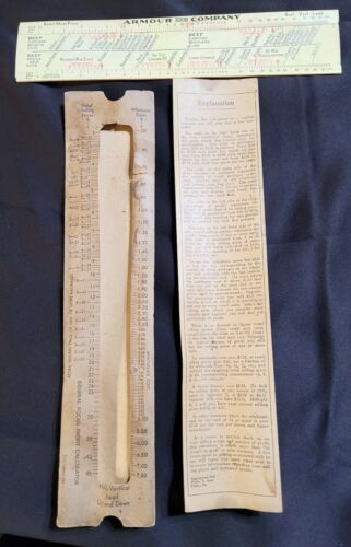 PANZER UND FIRMA EINZELHANDEL FLEISCHPREISER CELLULOID RECHENSCHIEBER 1932 und 1933