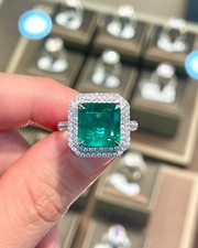 925 Sterling Silver CZ Emerald Cut Green Emerald Double Halo Engagement Ring