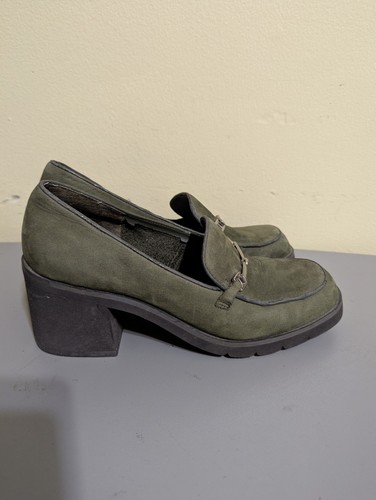 Hillard & Hanson Women's Size 7.5 Olive Suede Chunky Heel Loafers - Picture 2 of 11