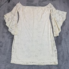 VTG Symphony Knee-Length Dress Women 1/2 XL White Sheath Lace Floral USA Stretch