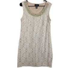 R M Richards Dress Womens 12 Beige Lace Sleeveless above Knee Beaded Neckline