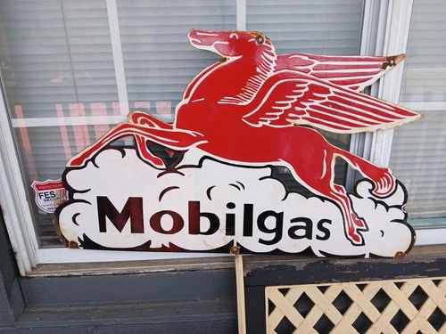 Large Rare Vtg Mobil Mobilgas Pegasus Gasoline Service Station Porcelain Sign