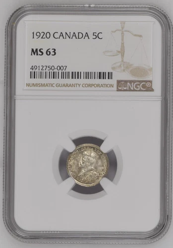 1920 CANADA GEORGE V 5 CENTS NGC MS 63