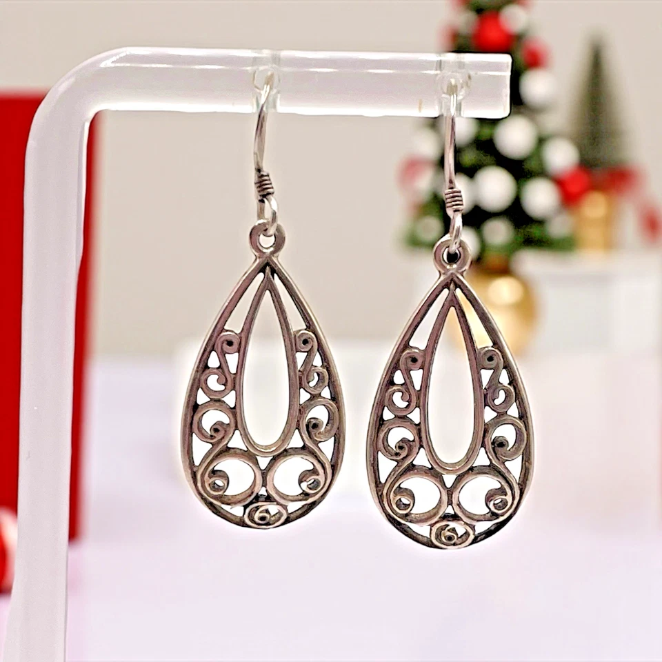 Filigree Open-Cut Swirl Teardrop 925 Sterling Silver Dangle Earrings, 1.5" - Image 3 of 4