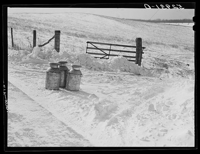 Photo:Frederick Maryland 1940 Milk Cans on Snowy Highway Waiting Pickup