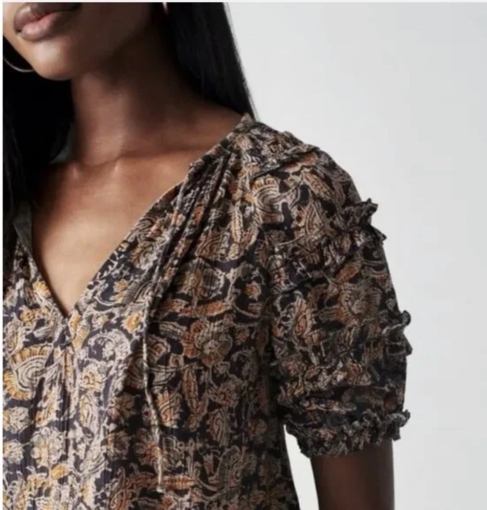 Blusa boho con volantes Faherty Bohdi talla grande negra marrón cachemira para mujer " Foto 2 de 4