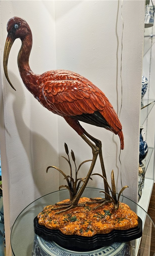 Exquisite Porcelain Tall Scarlet Ibis Bird Sculpture with Bronze