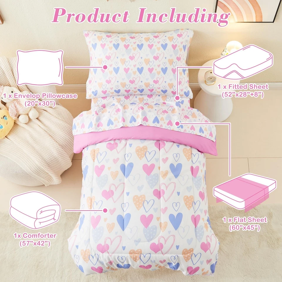 Mooreeke 4 Pieces Toddler Bedding Set - Soft Love Heart Toddler Comforter Set - Image 2 of 4