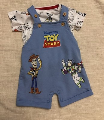 Disney Baby Toy Story Woody Buzz Blue overall Set 0-3M Snap Knit Adorable