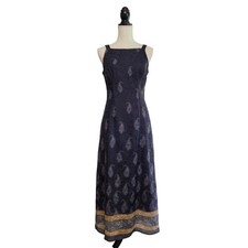 90s Helene Blake Black  Gold Floral Crinkle Maxi Dress Sz 3/4 Whimsigoth Grunge