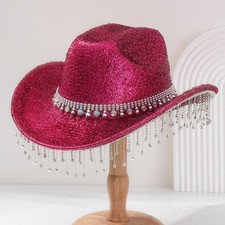Unisex Adult Shining Cowboy Hat w/Rhinestone Tassel Dance Performance Hat Gold