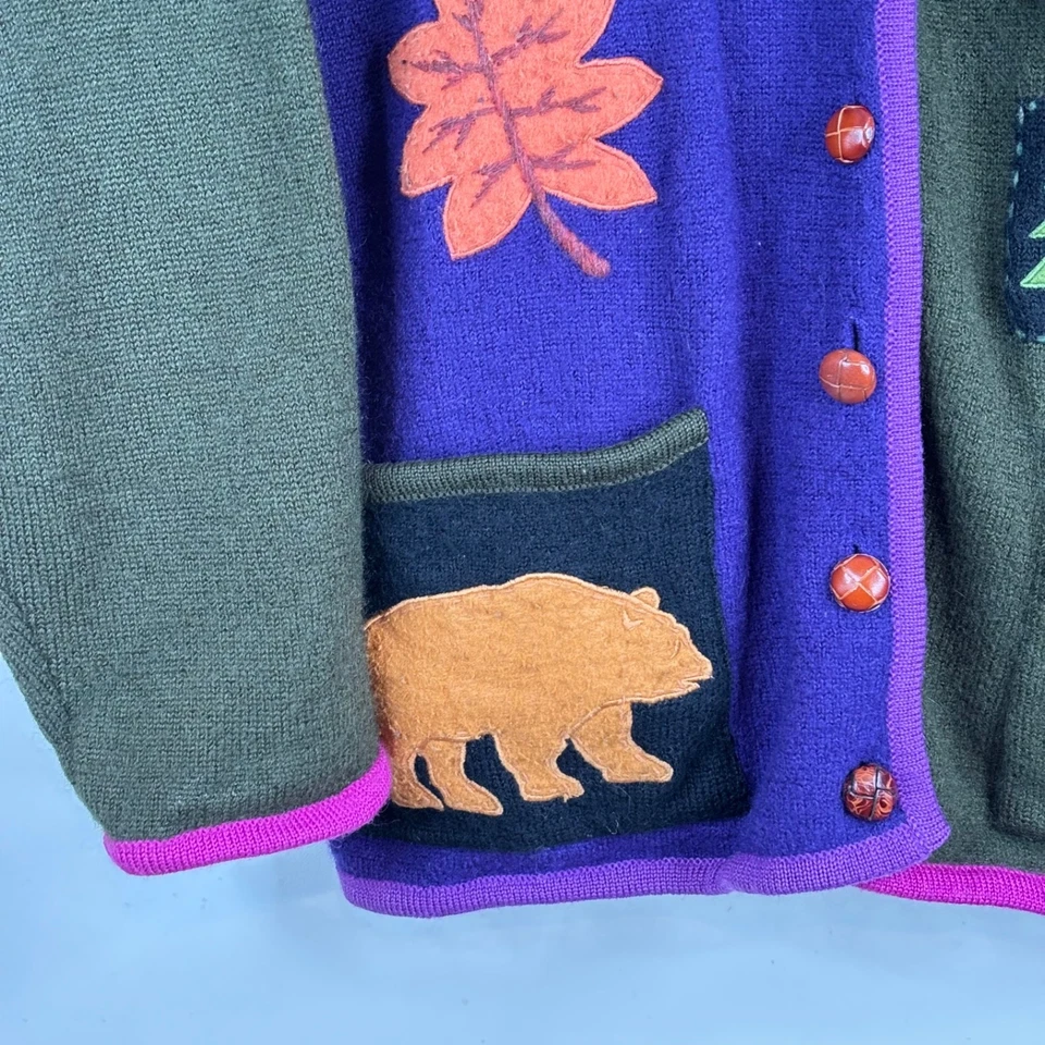VTG 90s Marisa Christina Wool Christmas Cardigan XL Purple Patchwork Granny Bear - Image 3 of 4
