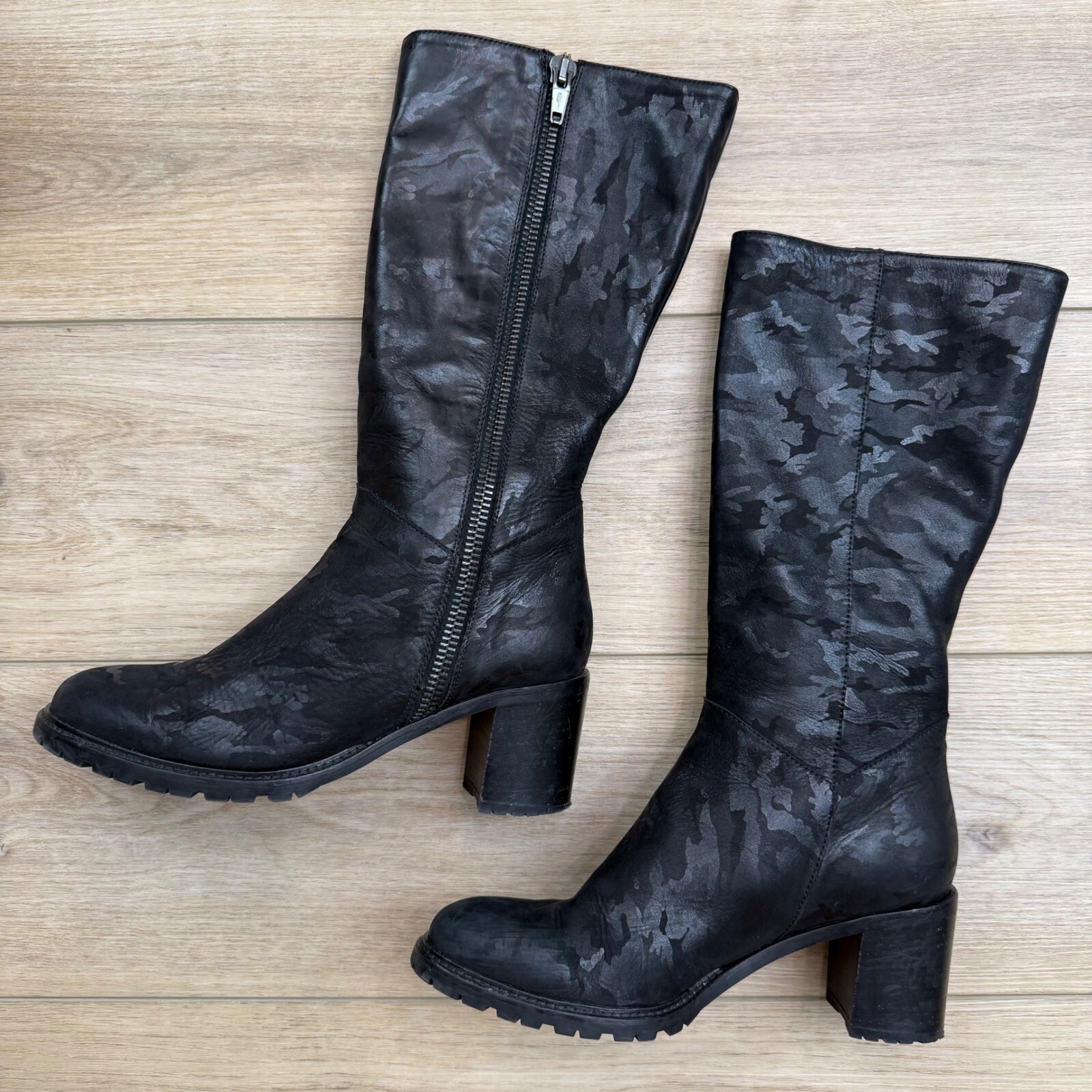 SAOLA Stivali alti Ross & Snow Rosina in pelle nera tacco a blocco suola a strappo mimetici 8 5