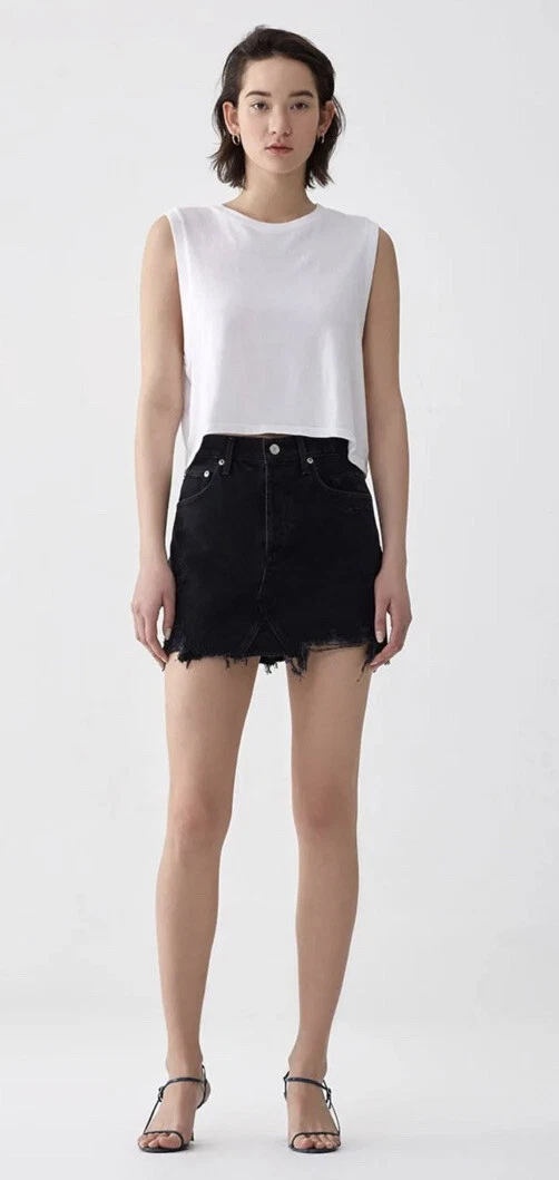 Black distressed denim mini cheap skirt