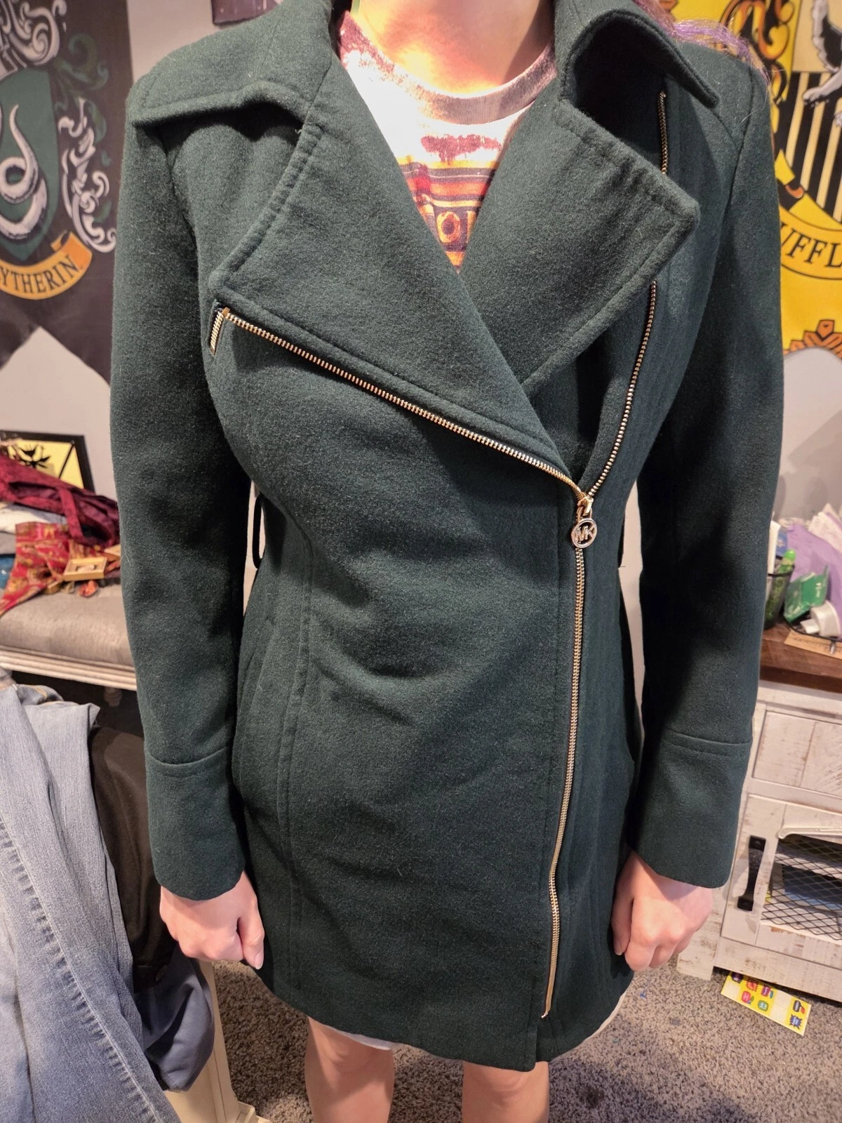 Giacca Michael Kors verde scuro cappotto pea misto lana donna piccolo