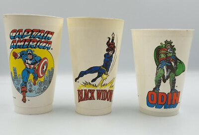 THE MARVEL UNIVERSE : ODIN, BLACK WIDOW, CAPTAIN AMERICA SLURPEE CUPS (MLFP)