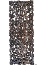 Tropical Floral Wood Carved Wall Decor Panel.Dark Brown 35.5"x13.5"
