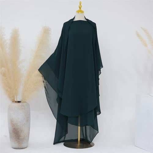Two Layers Muslim Ramadan Women Large Khimar Hijab Niqab Burqa Tops Kaftan Dress