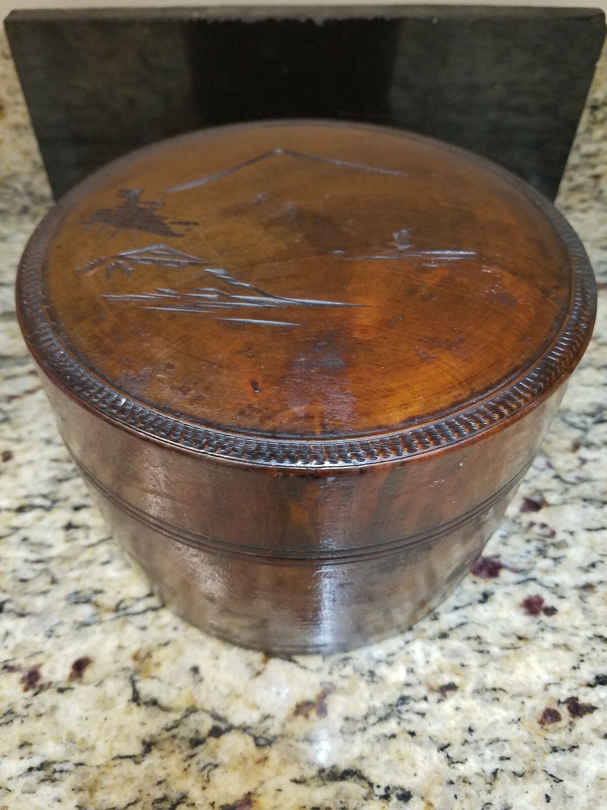 Old Made In Panama Round Tropical Wood Collar Box With Japanese Mt Fuji Design Ebay