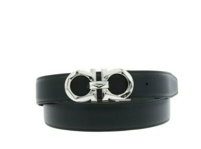 Salvatore Ferragamo Gancini Argent Diamant Finition Boucle Noir/Marron Ceinture - Photo 1/3