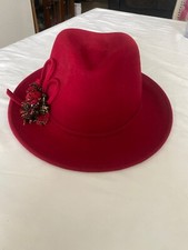 Vintage Women Red 100 Wool Hat With Black Plaid Wool Flower Ribbon Statement