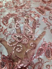 Dusty Rose Lace Embroidery Butterflies Sequin Fabric By The Yard Bridal Prom