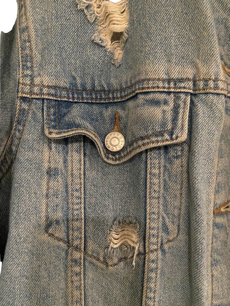 Topshop Moto Denim Jacket Blue Distressed Womens Size 32 Medium