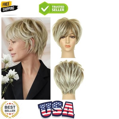 Pixie Cut Wig with Bangs for White Women Short Blonde with Dark Roots Synthet...