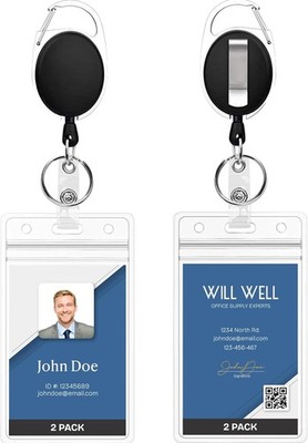 Will Well ID Badge Holders with Clip and Keyring - 2 Pcs (Vertical), Black 