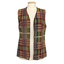 VTG 70s Vest L Multicolor Plaid Woven Textured Tapestry Open Artsy Eclectic