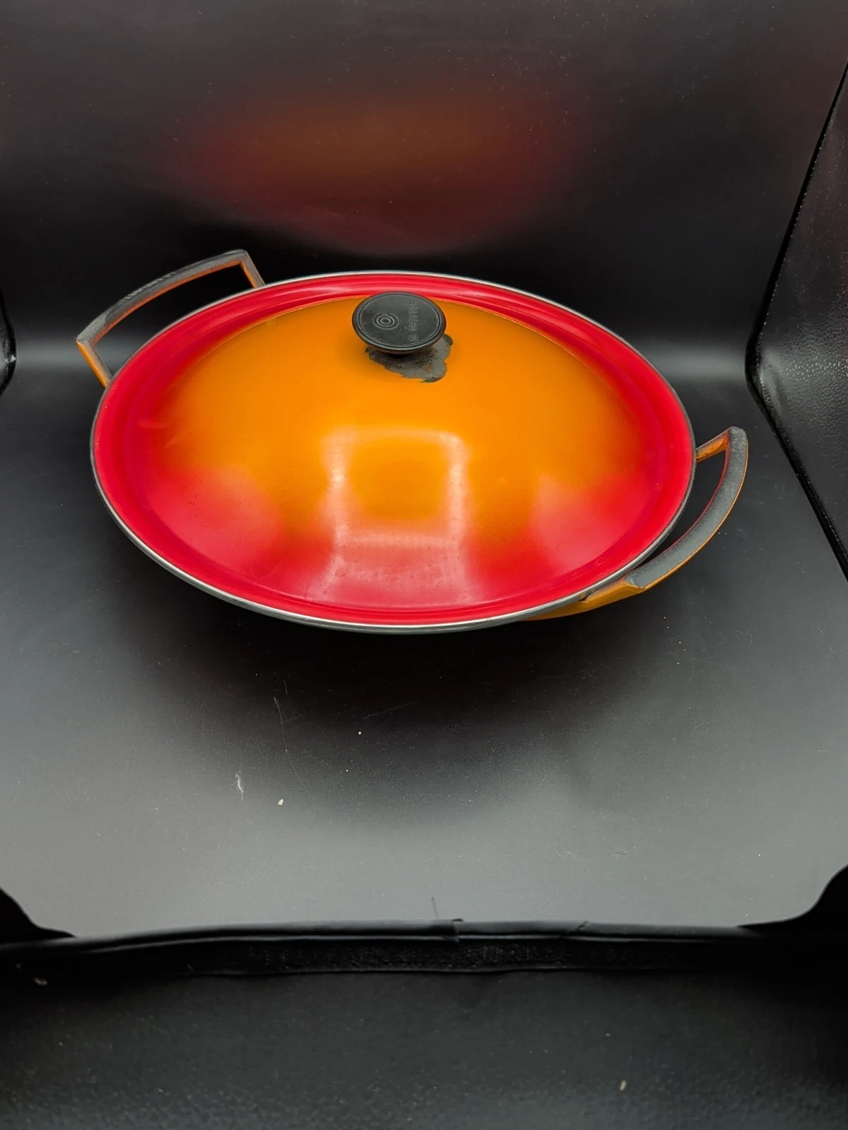 Vintage Le Creuset Enameled Cast Iron Round Wok Orange Red Flame 14.5" Nonstick