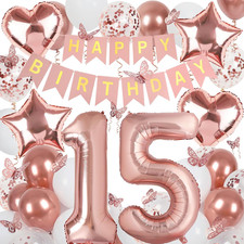 15Th Birthday Balloons Decorations for Girl - 44 Pieces 15 Year Old Supplies Ros