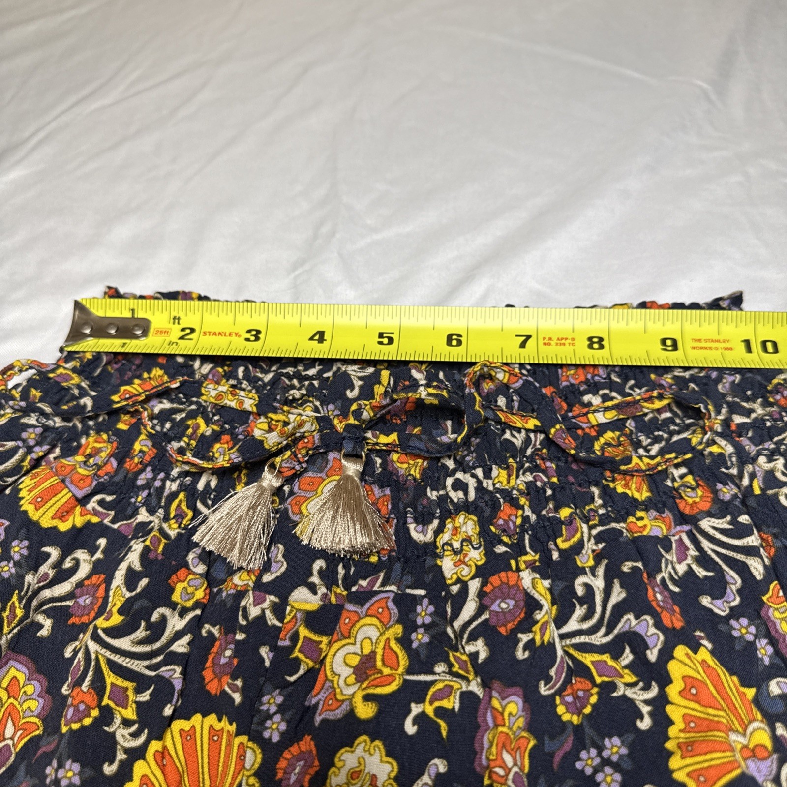 One 5 One Womens Floral Paisley Wide Leg Smocked Tassel Pants Navy Blue Medium image 3